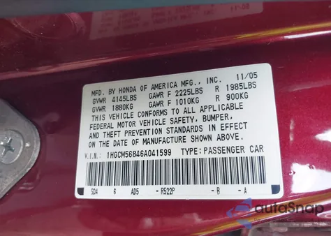 2006 Honda Accord 2.4 Ex z USA, uszkodzony, nr VIN 1HGCM56846A041599